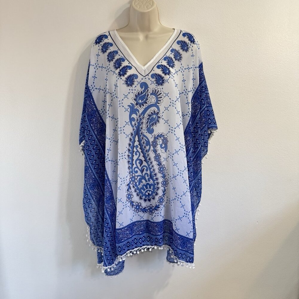 New York & Company Poncho Shirt OS Blue White Paisley Swim Cover Beach Pom Poms